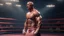 Placeholder: Highly detailed wide shot of Dwayne Johnson posing in a boxing ring, realistic, muscles, buff, flexing, pink, skirt, dress, dim light