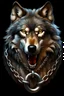 Placeholder: large wolf with a chain around its neck, photorealistic