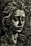 Placeholder: create an abstract, deeply powerful tragic and evocative, portrait woodcut of a raw and weathered gothpunk female with highly detailed and deeply cut facial features, lost in a horrific post apocalyptic world, in the style of KATHE KOLLWITZ , searing lines and forceful strokes
