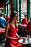 Placeholder: woman whit a red dress having a coffe in a cafe near the windoe and the people in other tables unfocaused