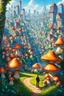 Placeholder: Artistik City, che ricorda lo stile dell'artista James Cameron. la città deve essere allegra e avere sembianze magiche. deve passare l'idea della connessione dell'uomo con la natura. vorrei ci fossero dei funghi che fungono da case per gli uomini. può essere più realistico? come se fosse dipinto con un pennello. è possibile inserire degli uomini