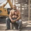 Placeholder: photography of a arab ugly burly serious wet sweaty, beefy strong fat carpenter, shirtless, in overall, bulge, manly chest, very hairy, big goatee 50 years old, short hair, sitting with open legs on a little chair , on a construction site in the middle of a road, under the August sun, emotional eyes, , hyper-realistic, photorealistic , frontal view from the ground