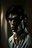 Placeholder: Dark and moody color scheme, depicting L with a mysterious and enigmatic facial expression. L is wearing his signature white long-sleeved shirt and jeans. The image is dimly lit with shadows. L is framed in a close-up shot, emphasizing his facial features. The environment is atmospheric and secretive. The camera used is a high-end model known for capturing intricate details. The perspective is from a slightly lower angle, adding to L's enigmatic aura. The lighting is carefully controlled to crea