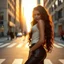 Placeholder: Create an ultra-realistic cinematic 8K fullbody of lady mode skin texture, add makeup,pretty boots,curvy long hair. Style: fashion editorial, confident posing standing in streets of a modern city. Lighting: warm golden hour sunlight, soft rim light. Camera look: shallow depth of field, film grain, cinematic color grade.
