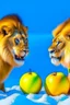 Placeholder: lion eat apple with snow and the lion yellow mood and apple blue mood