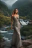 Placeholder: full shot body photo of the most beautiful artwork in the world featuring model, happy mood, High Detail, dramatic, photo realistic, ultra sharp, ultra hd, hyper realistic, ultra realistic, ((((dress)))), trending on artstation, sharp focus, studio photo, intricate details, highly detailed, standing in nice pose in country side with river ,water fall ,rocky valley,mountains at background, pretty clouds