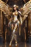 Placeholder: Photo Full body Lady Angel cyborg straddle wings, using traditional armor,detailed, intricate,gears cogs cables wires circuits, gold silver chrome copper,abstract background