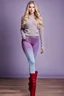 Placeholder: beautiful 18 year old girl with ash blonde hair and blue eyes with her curvy hair down, wearing a long-sleeved woollen top, and lilac long leggings, with long red boots full body shot