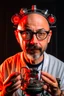 Placeholder: Portrait of a man with a radio helmet on his head. Wearing glasses. A small beard of pepper and salt. He is bald. White. He is a metal fan and. Flames surround him. In the background, a robot gives him a finger of honor.