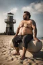 Placeholder: full figure shot photography of a tired chubby burly 38 years old ugly arab carpenter, tank top, big nose, tattoo, unshaved, short curly hair, manly chest, angry eyes, white pants, open legs , at the beach in the sun, big shoulders, big tights, side light, ground view angle