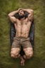 Placeholder: aerial top view half figure shot photography of an ugly 32 year old stocky robust burly turkish carpenter , relaxing in the meadow, , hands behind the head , wearing bulging shorts, shirtless, hairy chest, manly chest, manly legs, serious, very virile, short beard, shaved hair, under the rain, wet, in a rainy day, photorealistic