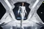 Placeholder: photorealistic slim woman looking like Drusilla with white boots in a heroic pose at the entrance to a spaceship