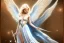 Placeholder: beautiful angel woman, blue eyes, blond long hair, white wings, white and gold dress, stars