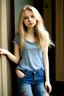 Placeholder: pretty girl, aged 14, blonde, conventionally attractive, dreamy, full body, jeans, tight top