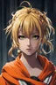 Placeholder: Toga Himiko From My Hero Academia. As An Arkham Asylum Inmate. Wearing an orange prison uniform. DC Comics Art Style.
