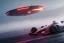 Placeholder: Futuristic formula race car, hovering above track, cyberpunk style, fog, red and white lights