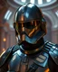 Placeholder: star wars bald male corellian pilot wearing pearlescent black and gunmetal grey First Order special forces heavy assault stealth commando armor and helmet with mirrored visor and gold and metallic red trim inside the jedi temple, hyperdetailed, dynamic lighting, hyperdetailed background, 8k resolution, volumetric lighting, light skin, fully symmetric details