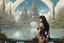 Placeholder: exotic sci-fi steampunk pin-up girl, with long dark hair with bangs, on an alien planet with cloud trees, tall spires, buildings, bridges, arches, photorealistic