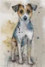 Placeholder: Abstract wet watercolour of a rough coated jack Russell, ink lines, interlinked circles, detailed,focus on eyes, watercolour paper