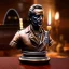 Placeholder: bronze bust of ghostbuster, ancient, magic,on dark wooden piano with drinking glass,compass,brilliance, candle, gold coins strewn, movie poster