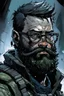 Placeholder: A rugged spacewolf with short thick black beard wearing power armor and glasses, art style Alex Maleev