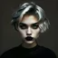 Placeholder: Girl with blonde short wavy cut, black lipstick, black t-shirt and grey eyes