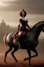 Placeholder: christina hendricks as evil queen in burgundy leather gown on a horse, angry, stern look, volumetric lighting, particales,highly detailed,cinematic, deep colours,8