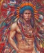 Placeholder: Guaicaipuro, native american god, 30 years old, Muscular warrior, red feathers headdress, shirtless, fearce look