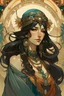 Placeholder: Portrait of Egyptian goddess in turban and long black hair and loads of jewellery painted by brush in style of Alfons Mucha