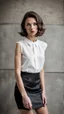 Placeholder: beautiful anorexic secretary, total shot, short satin skirt, nylons, short brunette wavy bob hair, blurred concrete background