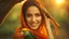 Placeholder: Hyper Realistic close-up-view of a Beautiful-Young-Happy-Pashto-Woman-with-beautiful-eyes-smiling-with-a-parrot, white-dress-&-orange-shawl & breeze-whirling in a jungle-with-tall-trees & cloudy-sunset-&-sun-rays showing dramatic & cinematic ambiance