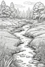 Placeholder: coloring page, creek through a meadow, cartoon style, thick lines, low detail, no shading