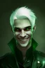 Placeholder: plauge doctor in balck leather clothes with silver hair, pale skin and bright green eyes smiling with sharp teeth, nice young face