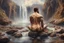 Placeholder: 4K realistic high-detail photography of a full detail body skin glitter dust wet view of handsome guy naked muscular bearded British backview sits, Clouds, cliffs, EDEN river waterfall, floating rocks, philosophic and trascendent, cosmic infinite influence, mountains, charles leickert, henry luyten, and walter leistikow impressionism paintings, by sergei Parajanov movie