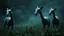 Placeholder: A dark fantasy, scifi theme, from four herd of gentle herbivorous creatures with long necks, one large central eye little two ears on head and a separate small, soft herbivore mouth, rounded bodies and dark gray-green skin, standing in a misty grassy landscape with deep colors and many plants,. Curious, slightly uncanny expressions, photorealistic, cinematic atmosphere, realistic skin texture.