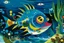 Placeholder: A blue underwater abyss with angler fish painted by Wassily Kandinsky