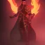 Placeholder: A full body image of a king, dark hair with red armor, surrounded by flames and fire