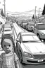 Placeholder: Outline art, no shading, cars on the road, cartoon style, black and white, low detail, --ar 9:11