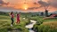 Placeholder: a group of young ladies in sports pants and blouse are dancing to camera in village over high grassy hills,a small fall and river and wild flowers at river sides, trees houses ,next to Ripe wheat ready for harvest farm,windmill ,cloudy sun set sky