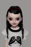 Placeholder: Wednesday Addams toddler, tshirt, full body, jump, bokeh, hyper realistic