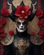 Placeholder: Gothic Horror carnival style Demon Dracula portrait adorned vith voidcore shamanism black camelia flower and ginger red camelia venetian style headress textured botanical Golden filigree floral embossed & black crand ginger red venetian masque and wearing voidcore shamanism textured camelia flower ornated metallic gothica ornated costume armour organic bio spinal ribbed detail of vantablack gothica background extremely detailed hyperrealistic concept art