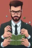 Placeholder: Fit man in round glasses with bookshelf in background, stubble,no beard, reading book, slim, tie, monotone, green eyes, comic book style, two tone colours, detailed, ink, realistic, handsome, square jaw, big brows, no jacket, bird on the shoulder, spotlight