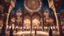 Placeholder: Hyper Realistic people worshiping inside Beautiful-Grand-Brown-Decorated-Mosque with Beautiful-Lightings-Decorations at night with stars on sky & beautiful trees