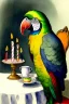 Placeholder: Parrot wearing jarmulke is sitting at a table with a birthday cake. Watercolour