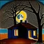 Placeholder: A lone house with trees and a moon René Magritte Max Ernst pointillism decal bas-relief expressionism