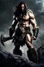 Placeholder: inspired by all the works of art in the world - laughing - Conan the Barbarian standing in front of a giant werewolf, full body image, Absolute Reality, Reality engine, Realistic stock photo 1080p, 32k UHD, Hyper realistic, photorealistic, well-shaped, perfect figure,