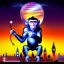 Placeholder: A monkey playing the drums, london skyline at night, in the style of Salvador Dali