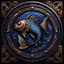 Placeholder: Create an image of a beautiful, ornate metallic Pisces zodiac symbol (♓) in the center, with two fish curved around it in a circular manner. The fish on top is bronze with detailed hues of blue, silver, and gold on its scales, pointing to the right, while the bottom fish is silver, pointing to the left, also with detailed hues of blue, silver, and gold on its scales. The background features a fusion of astrology and steampunk elements, including old star maps, golden celestial bodies