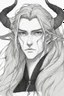 Placeholder: A dnd character portrait, a tiefling man with long hair and two black horns that curve backwards, white eyes and pale skin. Handsome. Young.