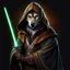 Placeholder: Retrato de un wolf Jedi con túnica y capucha, espada luminosa, cuerpo completo, calidad ultra, hiperdetallado, arte digital, 8k